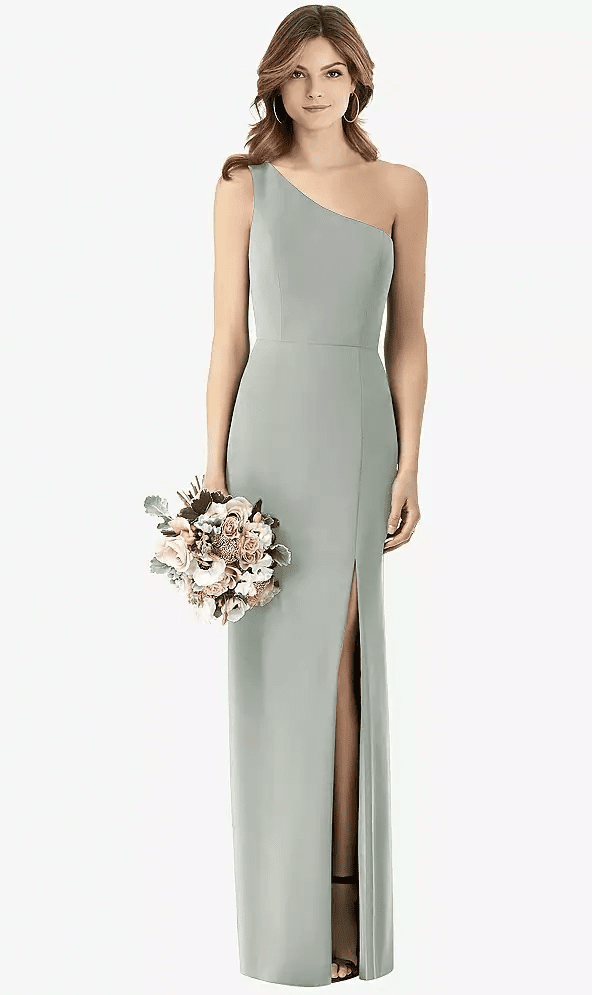 Model in a sage green one-shoulder bridesmaid dress with front slit—Lakeside Bridal Traverse City, Michigan.